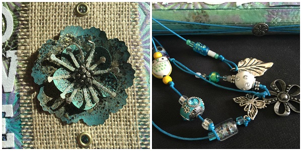 Some close ups for you! Close up of patina flower on burlap & another of beads hanging off the sping of the journal.