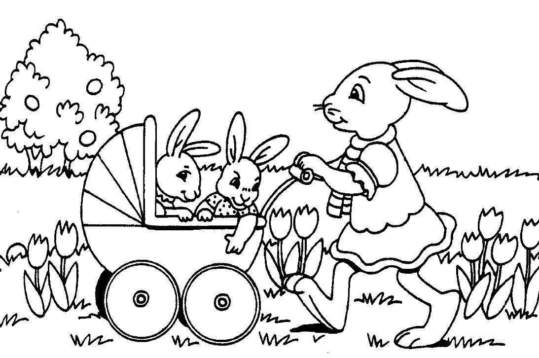 Tranh tô màu con thỏ mẹ đưa thỏ con đi chơi