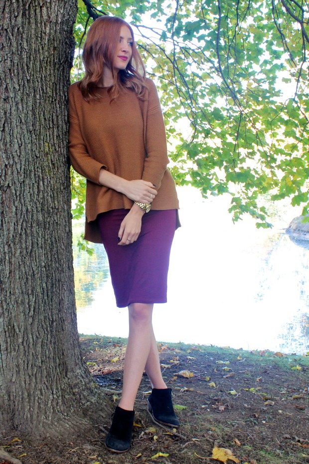 Fall OOTD Mustard sweater, burgundy skirt