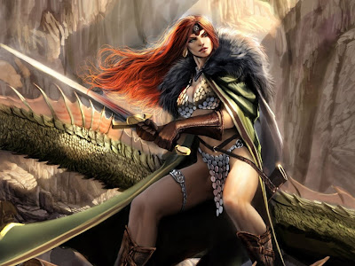 red headed female viking warrior sword and dragon