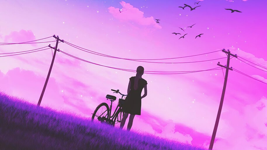 Girl, Bicycle, Night, Sky, Scenery, Silhouette, Digital Art, 4K, #6.1256