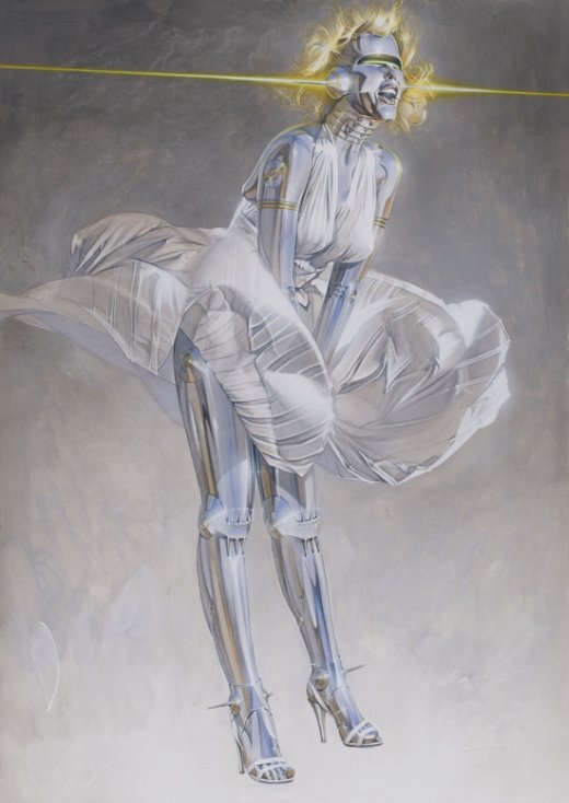 As sensuais e surreais pinturas com mulheres robóticas de Hajime Sorayama Hajime Sorayama ilustrações arte pinturas mulheres robôs metálicas ficção fantasia surreal cyberpunk vintage cromadas