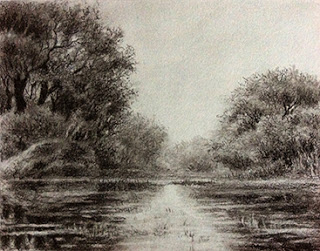 charcoal sketching of a landscape from Bharatpur Bird Sanctuary by Manju Panchal