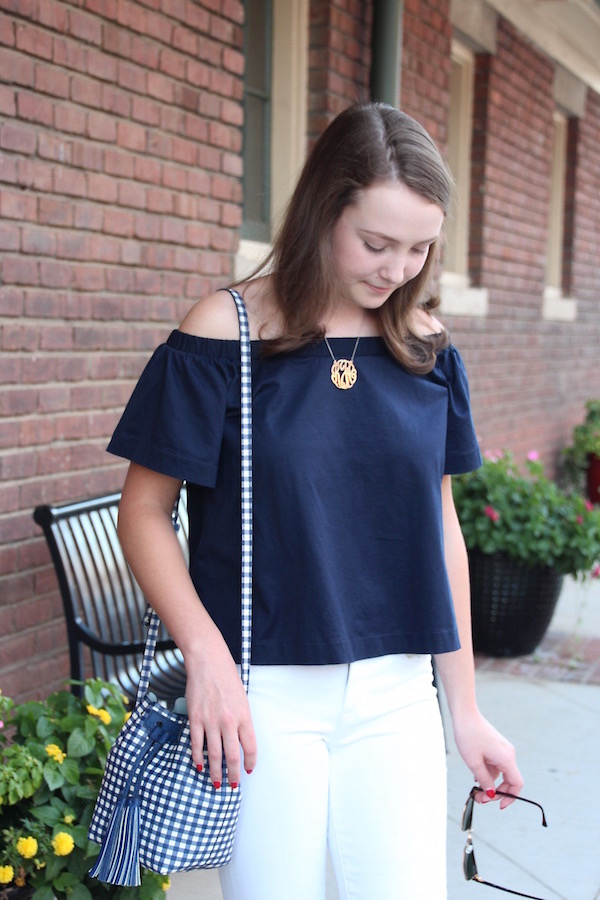 Gimme Glamour Off The Shoulder + Gingham Bucket Bag