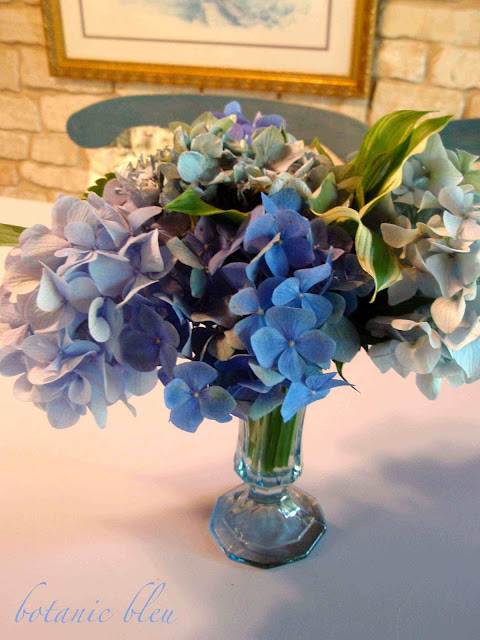 Blue hydrangeas are perfect color for a blue Fostoria vase