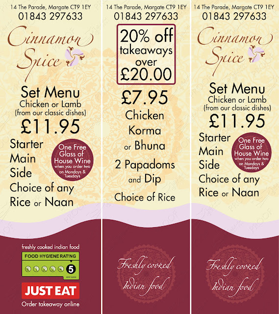 Artwork proof showing the three separate sides for the pavement tri-fold sign. Cinnamon Spice freshly cooked Indian food advertising board with cream, light pink and dark red colours.