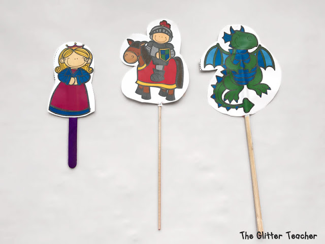 Marionetas de papel imprimibles para pegar en un palito y representar la leyenda de San Jorge con motivo del Día del libro el próximo 23 de Abril. Se pueden utilizar en el aula de inglés en educación infantil o educación primaria.