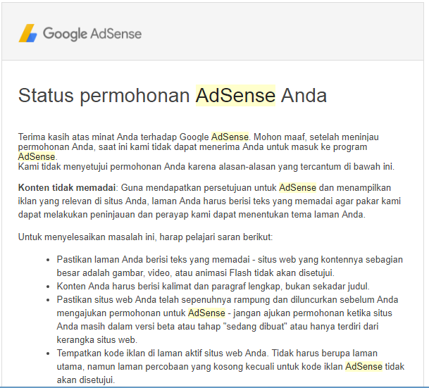 Beginilah Contoh Balasan Email Google Adsense Yang Diterima