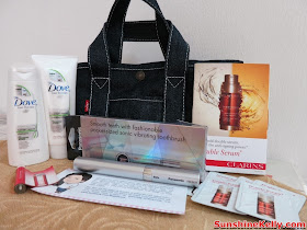 bag of love, Go Girl Go by Bag of Love Levi's, beauty bag, beauty, Levi's Jeans tote bag, levi's jeans, Panasonic Pocket Doltz Toothbrush, Clarins Double Serum, Elizabeth Arden Red Door Aura edt, Dove  Hair Therapy Hair Fall Rescue Shampoo, Dove Hair Therapy Hair Fall Rescue Conditioner, haircare, electric toothbrush