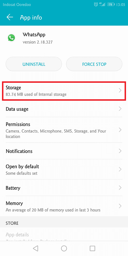 untuk menghapus data aplikasi, masuk ke menu storage setelah memilih aplikasi yang bersangkutan