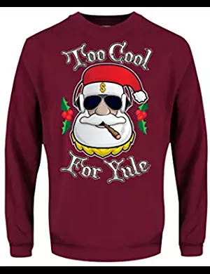 Men's Too Cool For Yule Christmas Sweater Burgundy Ugly Christmas Sweater #coolyule #christmasmusic #learnyourcharistmascarols #uglychristmassweater available on Amazon