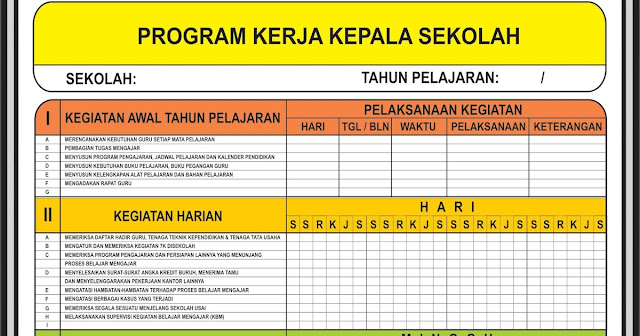 Contoh Program Kerja Kepala Sekolah Program Kerja Kepala Sekolah adalah seperangkat administrasi yang terdiri dari Rencana Kerja Kepala Sekolah, Program Tahunan Kepala Sekolah samapai pada Program Supervisi Kepala Sekolah. Untuk itu saya mencoba berbagi contoh file Program Kepala Sekolah SD,SMP,SMA ini untuk memudahkan anda para kepala sekolah dalam melengkapi administrasinya.
