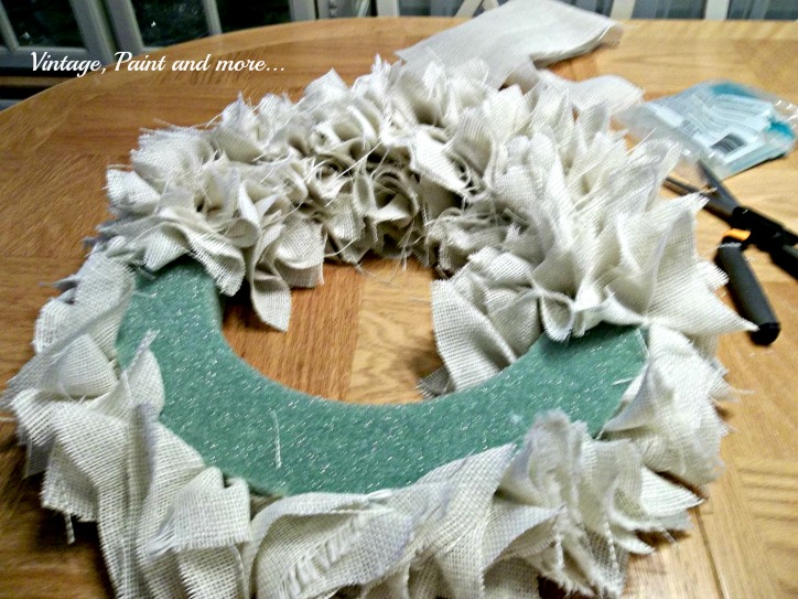 Vintage, Paint and more.. adding burlap squares to a styrofoam wreath form