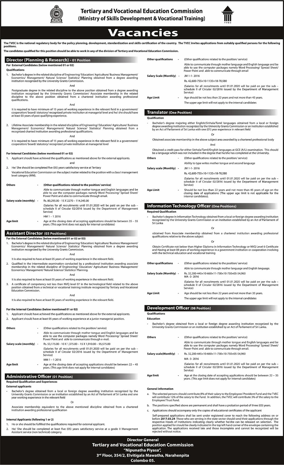 Sri Lankan Government Job Vacancies at Tertiary & Vocational Education Commission for Director (Planning & Research), Assistant Director, Administrative Officer, Translator, Information Technology Officer, Development Officer Sri Lankan Government Job Vacancies at Tertiary & Vocational Education Commission for Director (Planning & Research), Assistant Director, Administrative Officer, Translator, Information Technology Officer, Development Officer