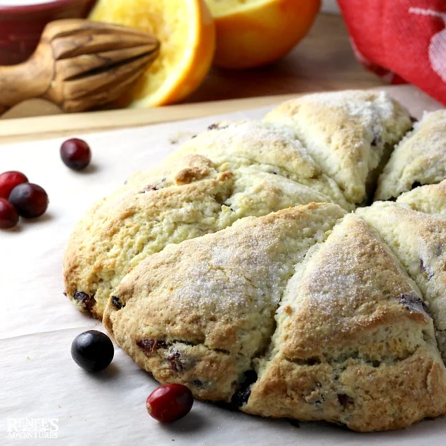 Easy Orange Cranberry Scones by Renee's Kitchen Adventures on a serving board with parchment paper