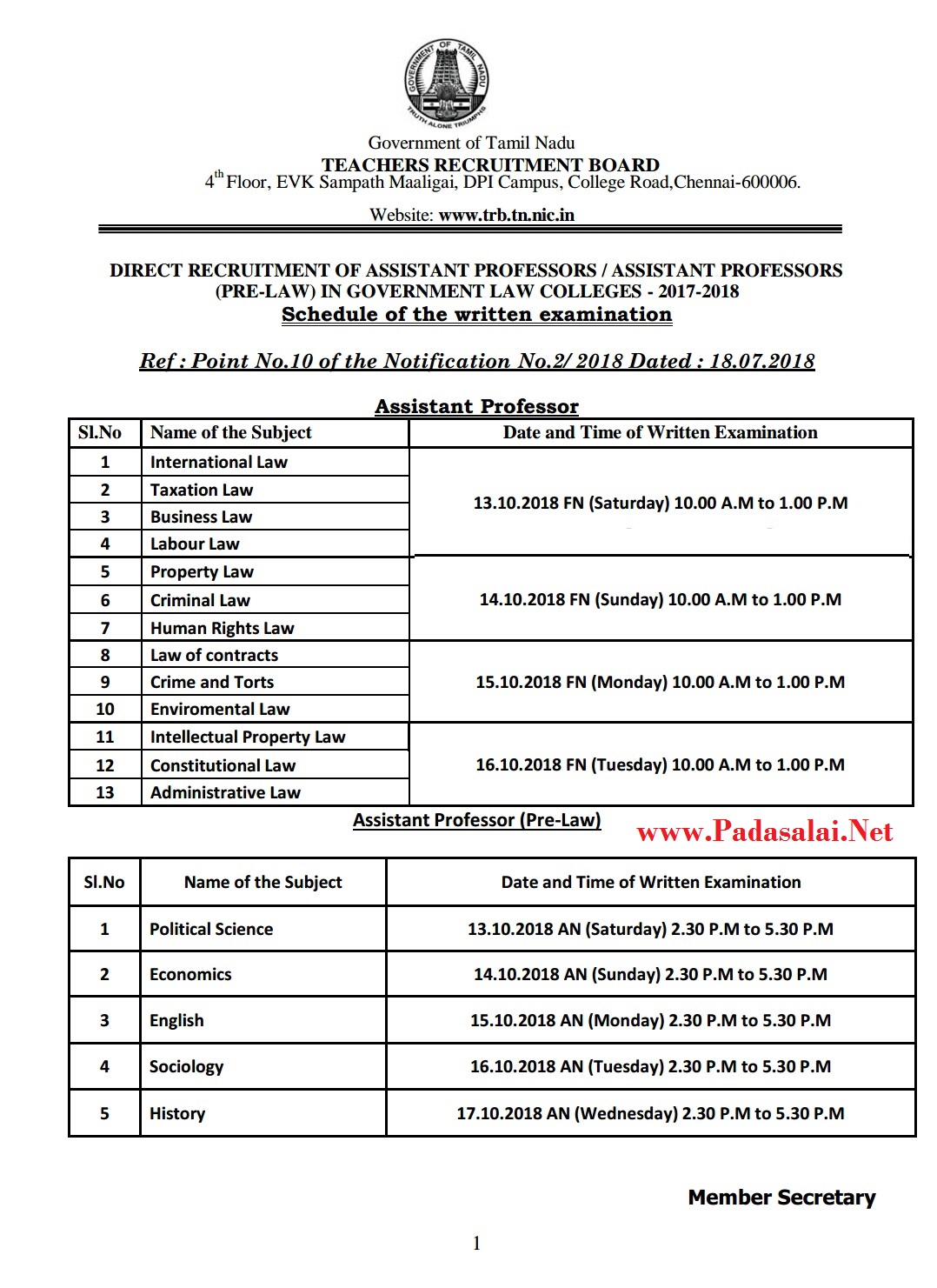 TRB GOVT LAW COLLEGE ASSISTANT PROFESSOR RECRUITMENT SCHEDULE OF