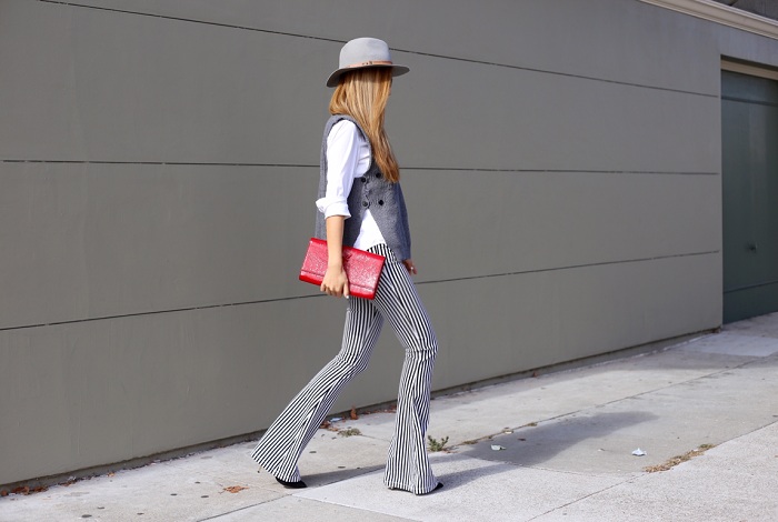 Shein sweater vest, j crew white shirt, alice and olivia stripe flare pants, casadei ankle booties, saint laurent clutch, kendra scott earrings, hat attack ny, chanel brooch, fashion blog, nyc blogger, san francisco street style, fall essentials, karen walker super duper sunglasses
