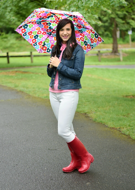 Rainy Day Outfit Denim Jacket and Red boots