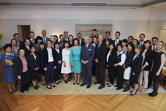 King Carl XVI Gustaf, Queen Silvia, Prime Minister Shinzo Abe and his wife Akie Abe at Akasaka Palace. Queen Silvia and Japanese Princess Takamado