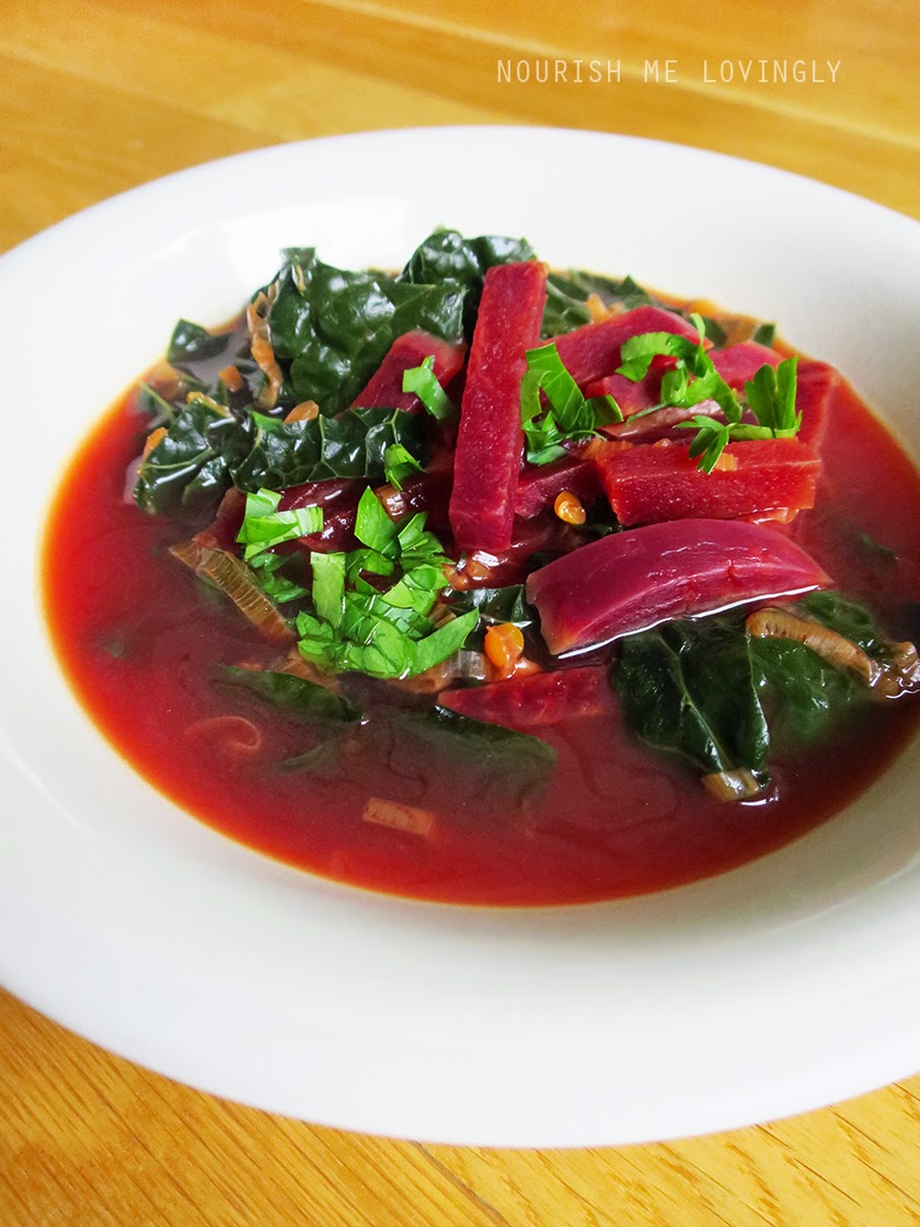 Nourish me lovingly Beetroot soup with lentils and kale (GF, DF, V+)