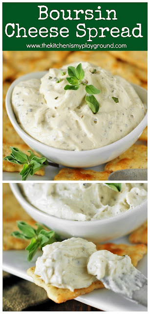 Homemade Boursin Cheese Spread ~ Beautifully flecked with herbs & black pepper, it's so simple to make this flavorful spread at home! Perfect for any party. #boursin #cheesespread #partyfood #easyrecipes  www.thekitchenismyplayground.com