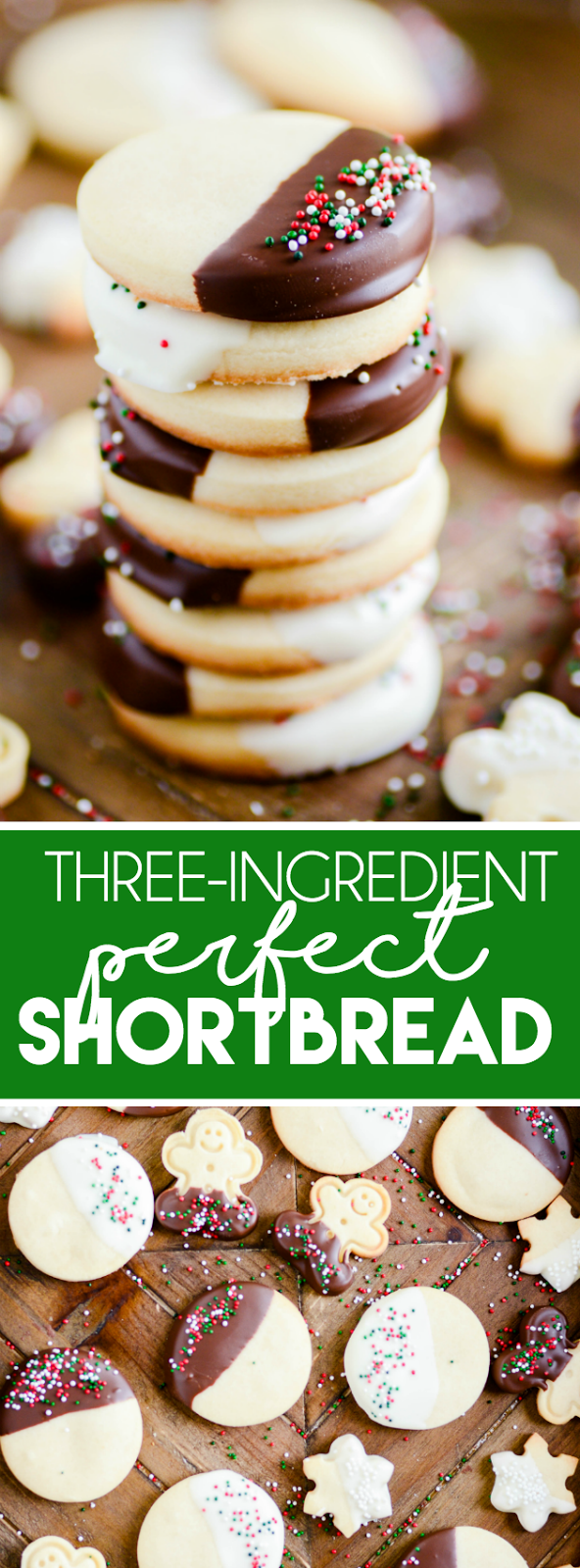 With just three, simple ingredients you can make a delicious, traditional shortbread. Dip it in chocolate and add sprinkles to make it extra festive!