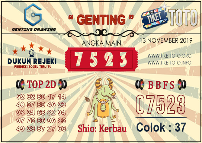 Prediksi Togel GENTING DRAWING TIKETTOTO 13 NOVEMBER 2019