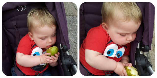 baby falling asleep eating, baby eating pear, 11 month old baby