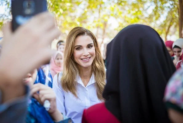 Queen Rania wore Maison Makarem Fearful Symmetry Skirt and Balloon Long Sleeve Shirt, Jimmy Choo laria shoes, Fendi Bag