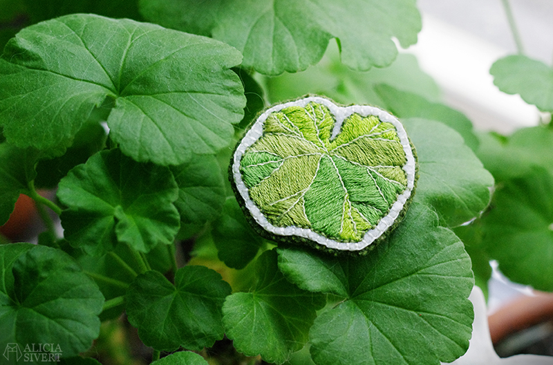Mårbackapelargon, broderad brosch av Alicia Sivertsson. aliciasivert alicia sivert sivertsson skapa skapande kreativitet diy do it yourself gör det själv creativity art konst textilkonst textile broderi embroidery needlework hoop art hand handbroderi handbroderad broderad brosch bladbrosch broscher blad löv växter växtgäris hantverk handarbete beställa beställning present handgjord handgjort mårbacka pelargon mårpackapelargon