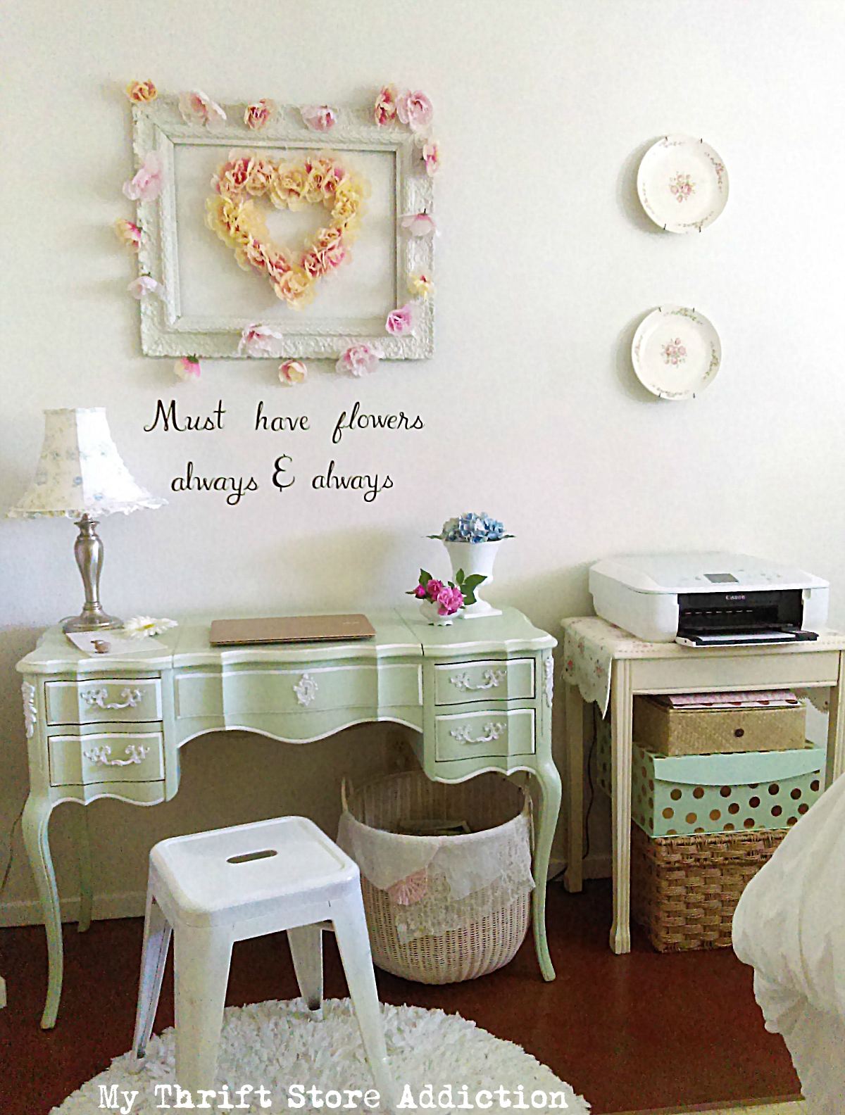 Thrifty floral inspired bedroom office nook