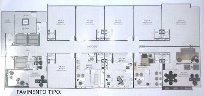 Planta pavimento tipo empresarial doc, farol, maceio com dez salas por andar banheiro em todas as salas, hall para recepção e espera, 3 (três) elevadores e escadas.