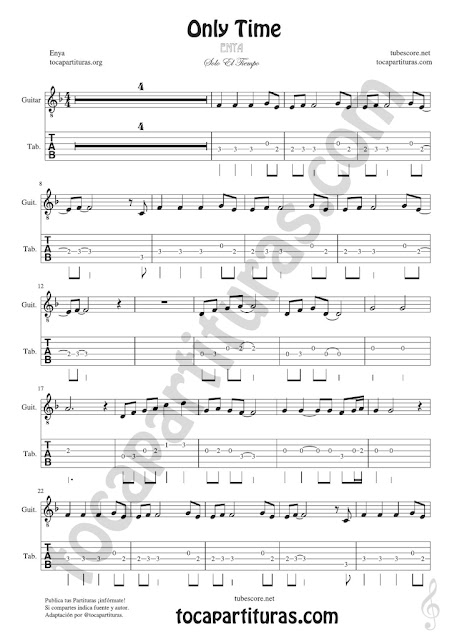 tubescore  Only Time Guitar Tab Sheet Music by Enya Ballad Music Score for guitar beginners