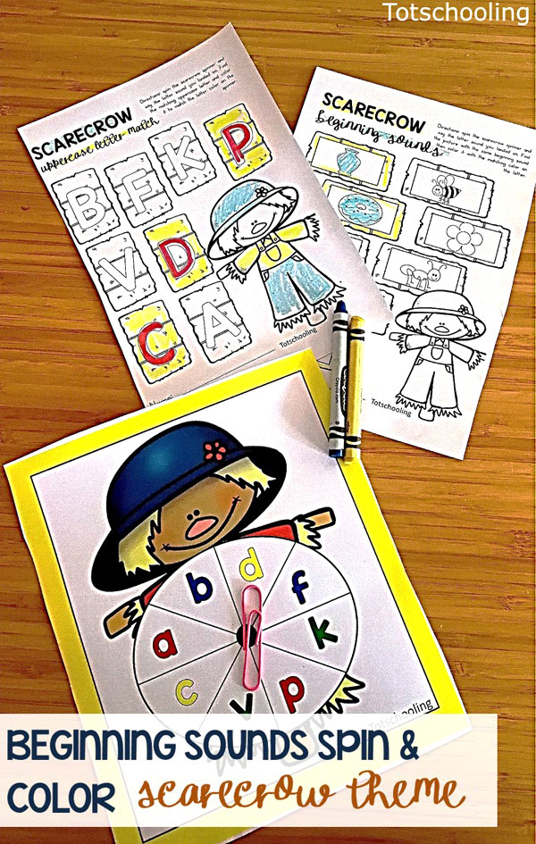 FREE printable Scarecrow spin game perfect for a Fall literacy center in kindergarten or preschool. Work on letter recognition and beginning sounds while making learning fun!