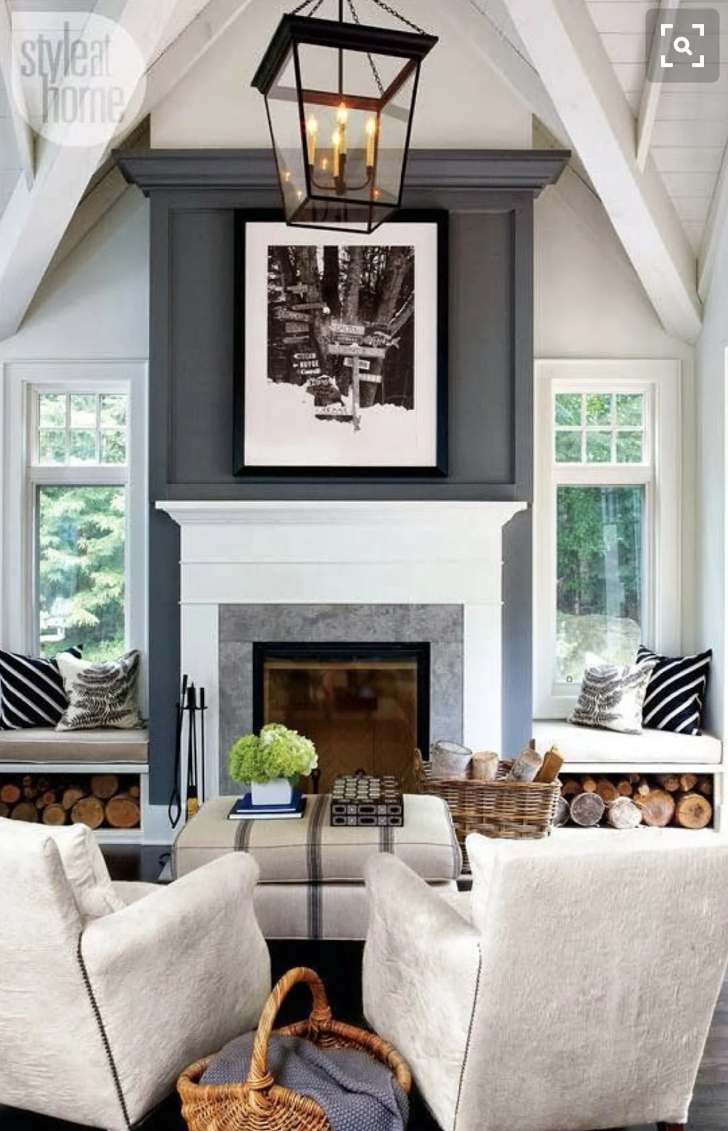 Tall fireplace wall with gray paint