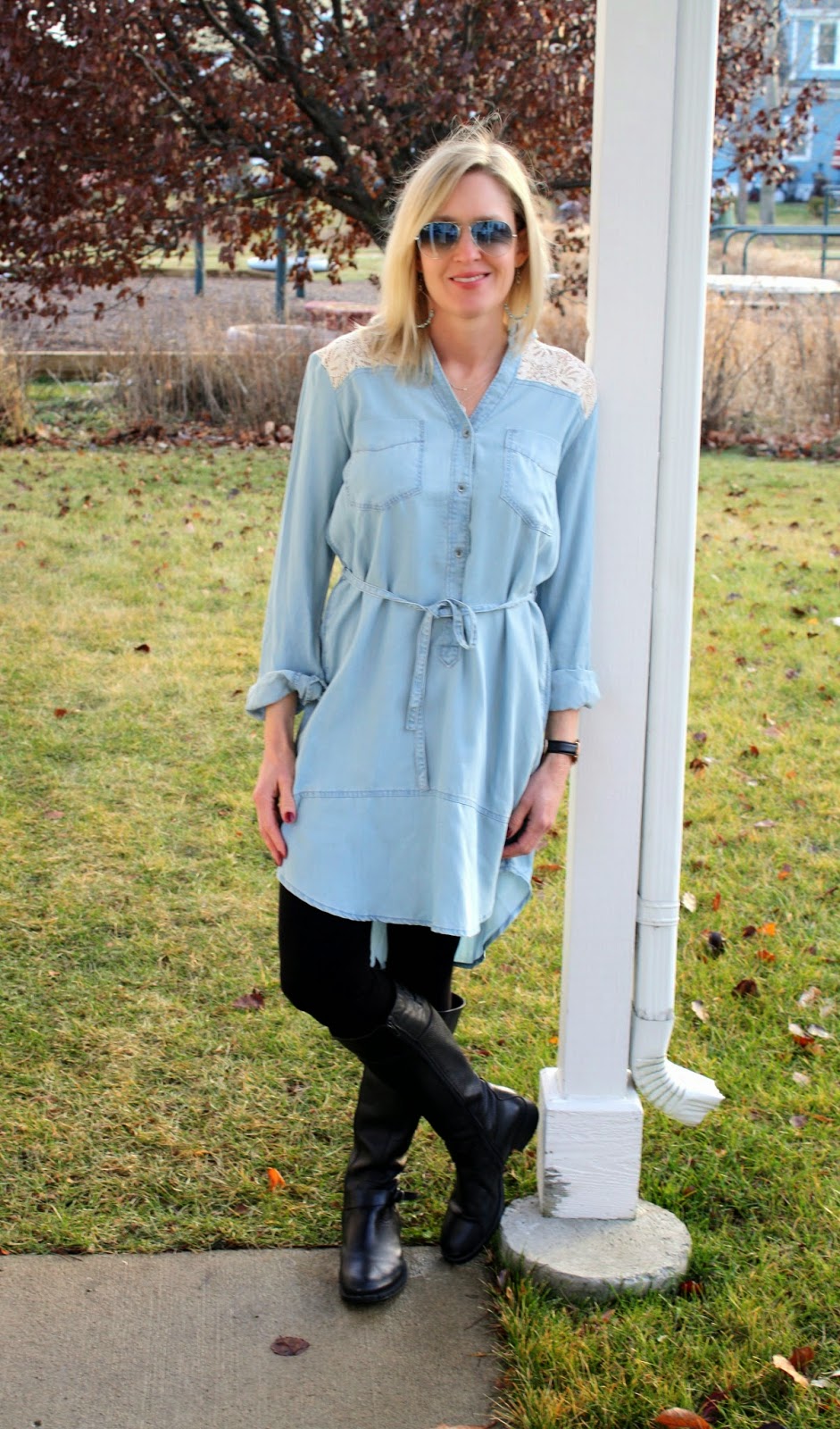Leggings How To Wear A Denim Shirt Dress In The Winter Denim Blue