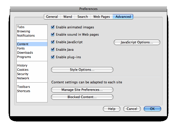 Opera 9.63 Preferences pane showing that Java is enabled