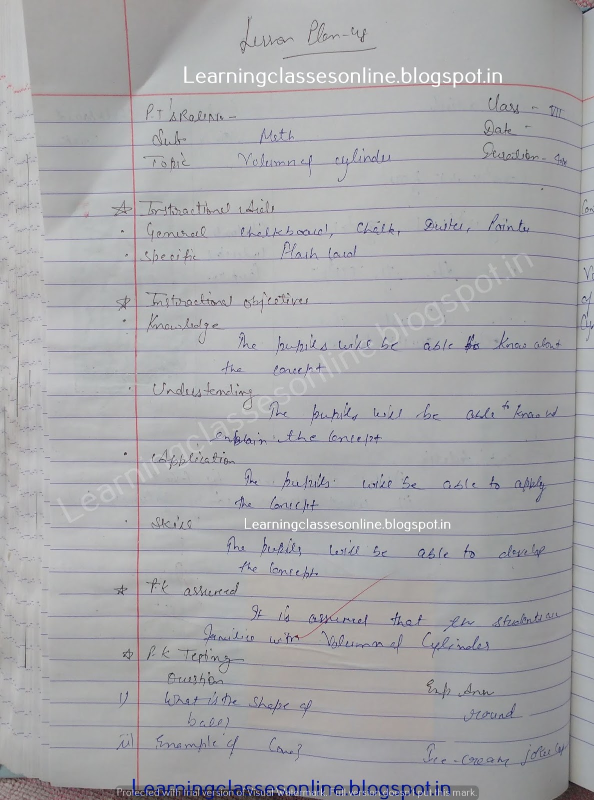 Mathematics Lesson Plan on Volume of Cylinder Mathematics Lesson Plan on Volume of Cylinder - Maths Lesson Plan Making Format for B.Ed project