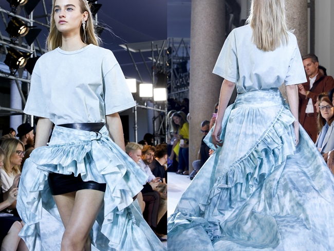 Roberto Cavalli 2016 SS Details, Maartje Verhoef 2016 SS Roberto Cavalli Tie-Dye Silk Taffeta Waterfall High Low Skirt on Runway