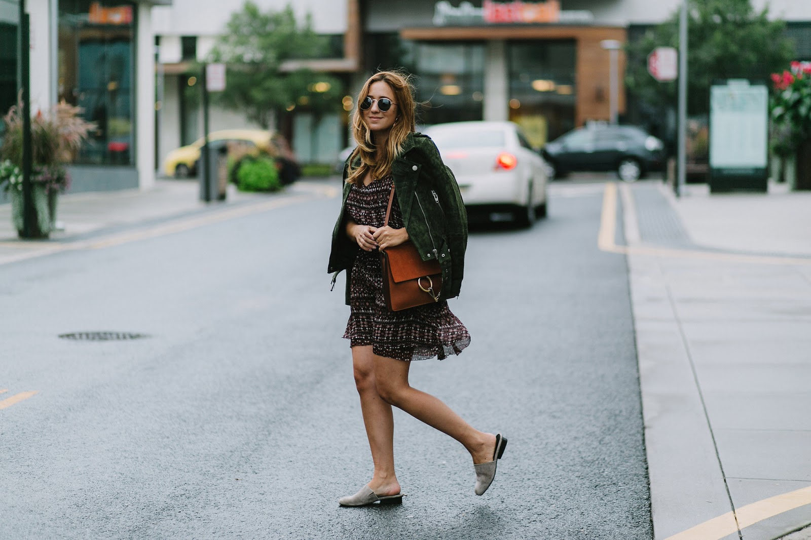 floral prints, fall, trends, 2016, blog, blogger, style, inspiration, outfit, moto jacket, blank nyc moto jacket, suede jacket, floral dress, best mules, best slides, comfortable shoes, fall fashion, layering, layered look