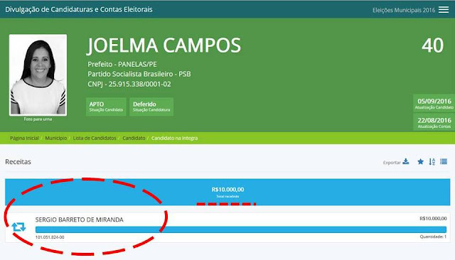 doação de R$ 10 mil para a campanha de Joelma Campos nas Eleições Municipais 2016 doação de R$ 10 mil para a campanha de Joelma Campos nas Eleições Municipais 2016