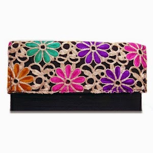 Designer Wristlets Floral Embroidered Evening Party Wallets Black Clutch India Gift