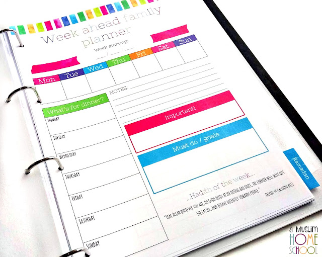 Weekly family planner page with hadith of the week -part of the homeschool planner printable