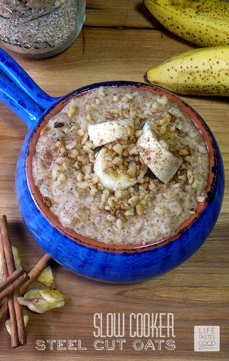 Overnight Steel Cut Oatmeal | by Life Tastes Good is a delicious way to the start the day. The bananas, cinnamon, and walnuts give this oatmeal lots of flavor, and as an added bonus, you wake up to the warm comforting aroma of banana bread as you sit down to enjoy this hearty breakfast! #MyOatsCreation #spon