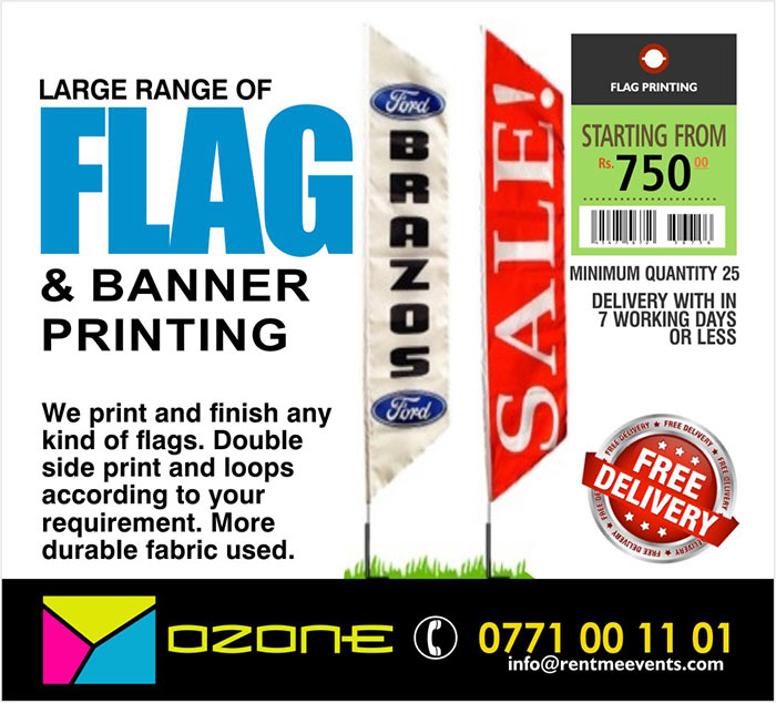  Starting from LKR 750/=.  Double side printing with more whinging fabrics.  Minimum order quantity 25 pcs.  Branded T-Shirt, Flag, Cap, Mug, ID, Letterhead, balloon, Visiting Card, Letter Covers, Pen, Diary or any thing to represent your brand under one online portal by 9 years experienced solution provider.  OZONE BRANDING