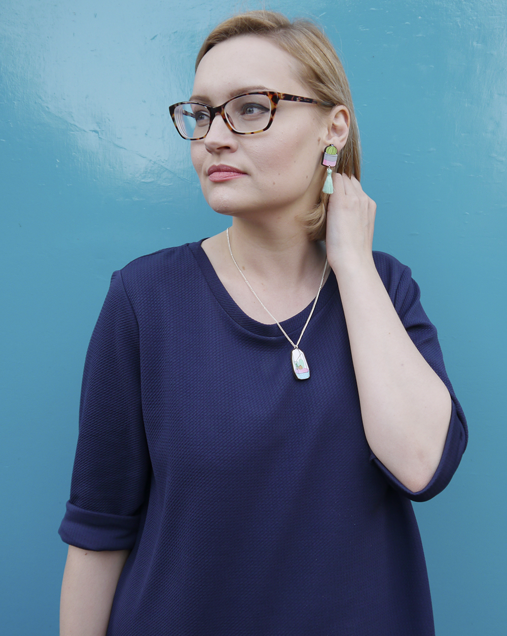 Kimberley from wardrobe conversations reviews house of wonderland jewellery club box, blue outfit, oversized slouchy dress, modern fashion silhouette, iolla carnegie frames, illustrated cactus jewllery, uk style blogger, wardrobe conversations, Kimberley Grahame