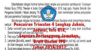Pencairan Triwulan 4 Lengkap Juknis, Jadwal, Info GTK, Laporan Pertanggung Jawaban, Draft Usulan TPG Tahun 2016/2017