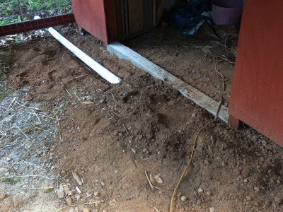 Drainage pipe in front of the goat barn to resolve rainwater runoff problems.
