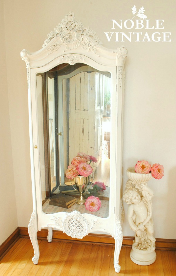 Shabby white curio cabinet and my best source for faux roses
