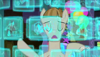 Mudbriar looks at his "vision board" which shows lots of indistinct lit rectangles. Mudbriar's eyes are closed
